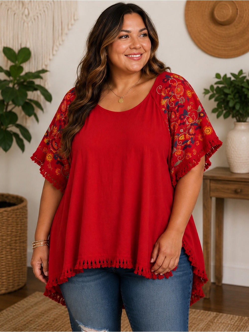 Umgee XL Rust Coral Embroidered Boho Tunic Top Hi-Low Fringe Sleeve
